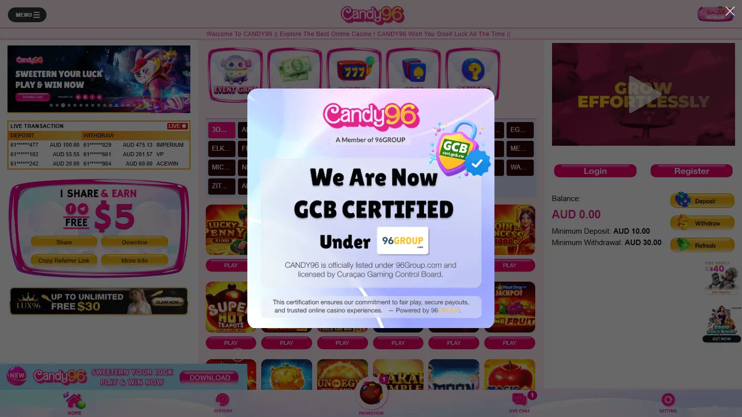 Candy 96 Casino games area on desktop