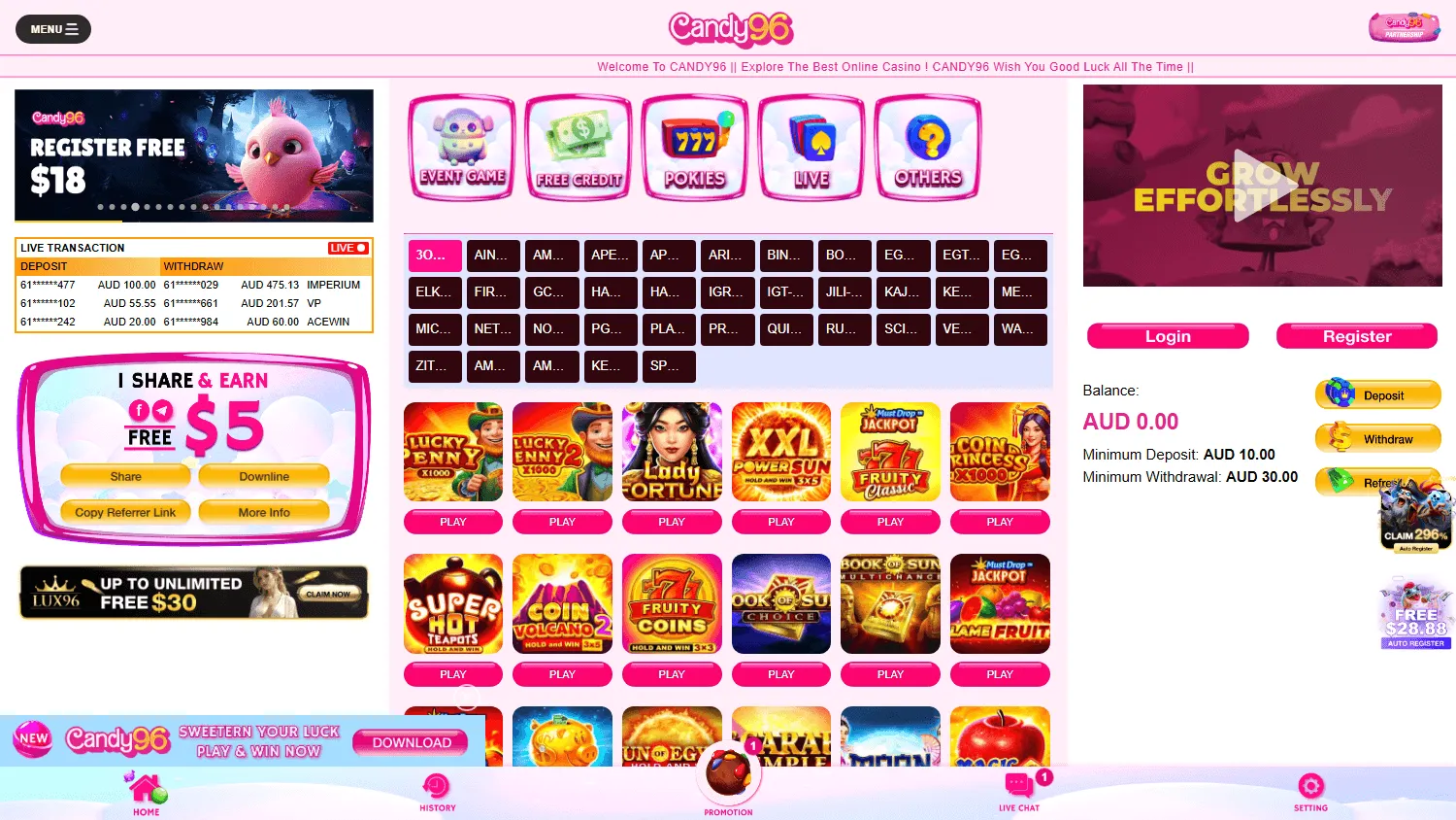 Candy 96 Casino home page on desktop