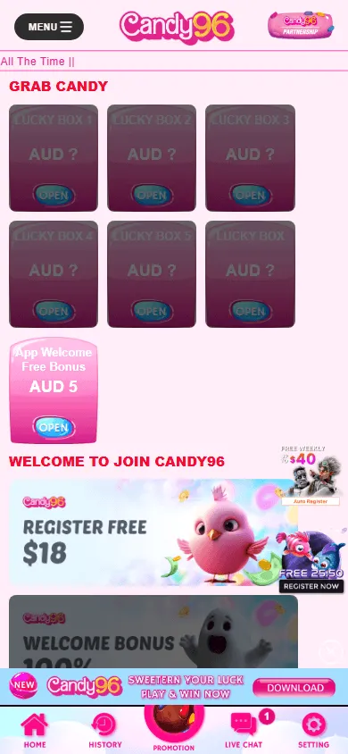Candy 96 Casino promotions on a mobile device