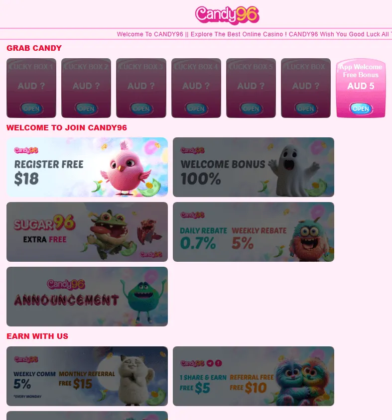 Candy 96 Casino promotions area on desktop